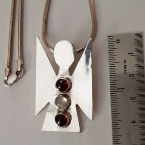 Trade Winds Sterling Silver 1.75" Garnets & Moonstone Gems, Angel 18" Necklace